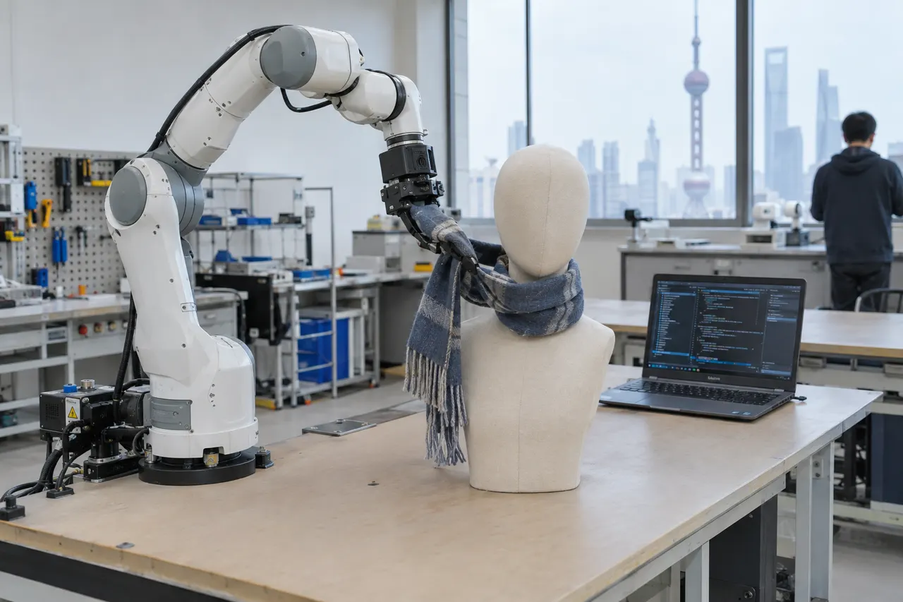 Robotic arm wraps a scarf around a mannequin bust beside a laptop displaying code in a modern lab with city view.