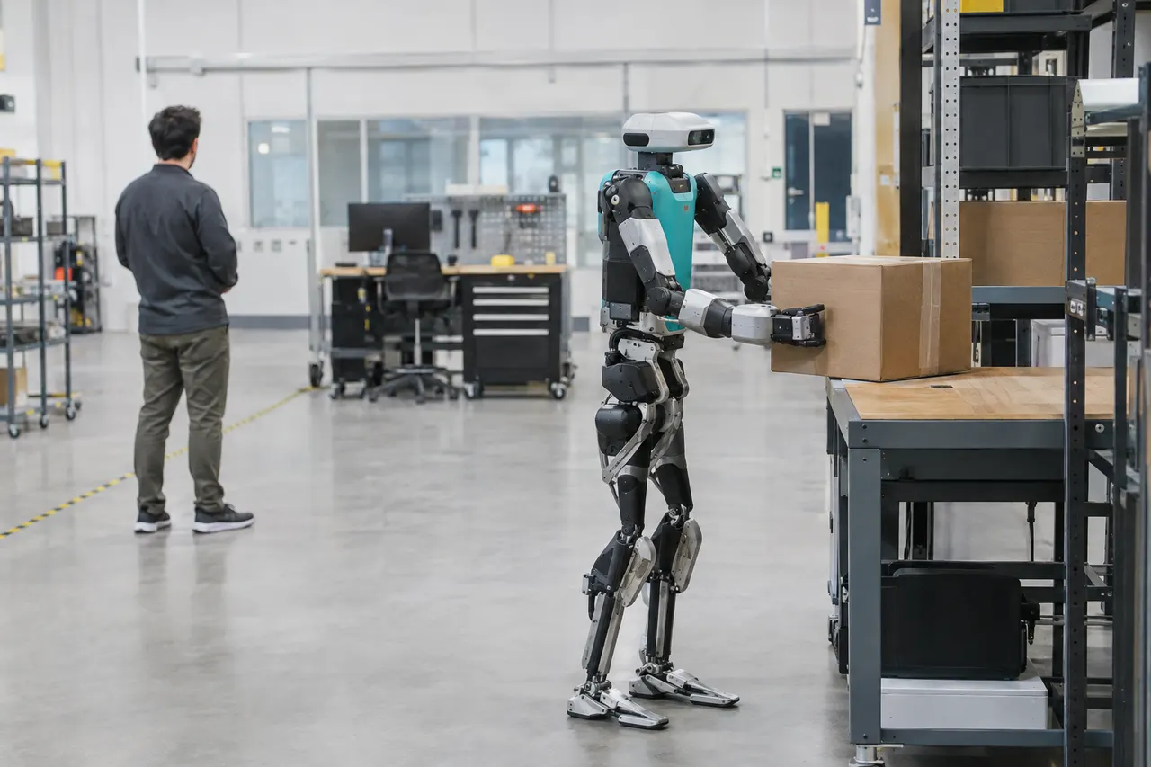 Humanoid robot lifts a cardboard box from a warehouse shelf as a person stands in the background.
