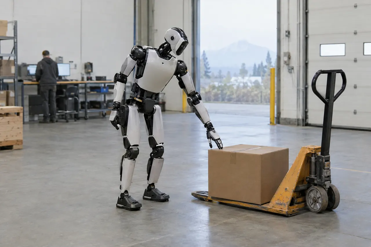 Humanoid robot reaching toward a cardboard box on a pallet jack in a warehouse, person working at desks in background.