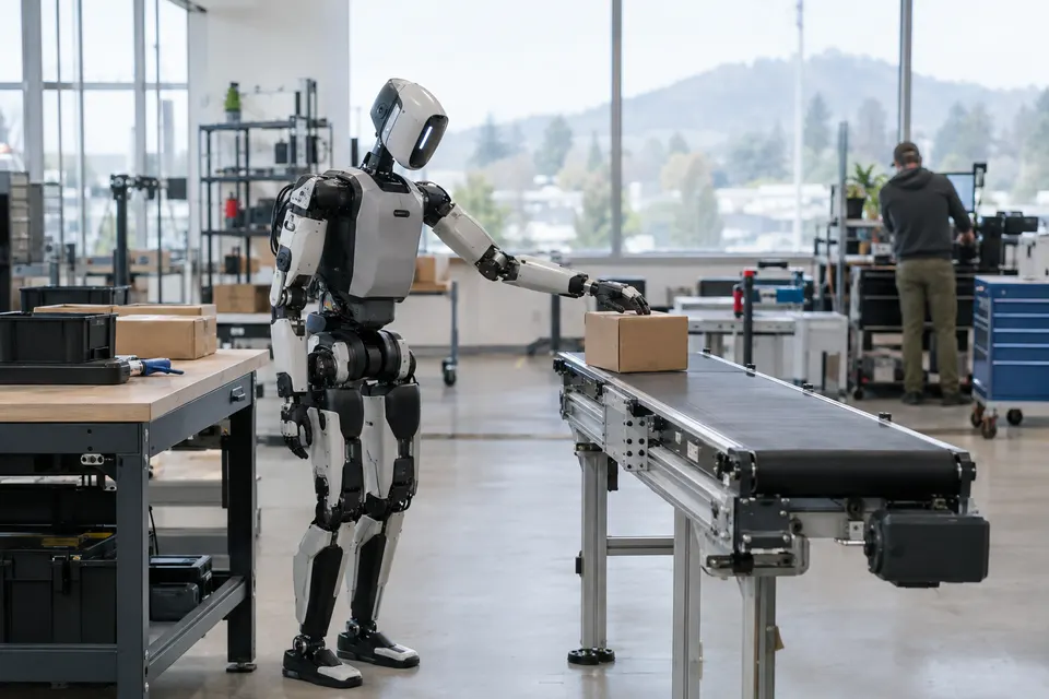 Humanoid robot moves a box onto a conveyor belt in a spacious, modern industrial workspace with large windows.