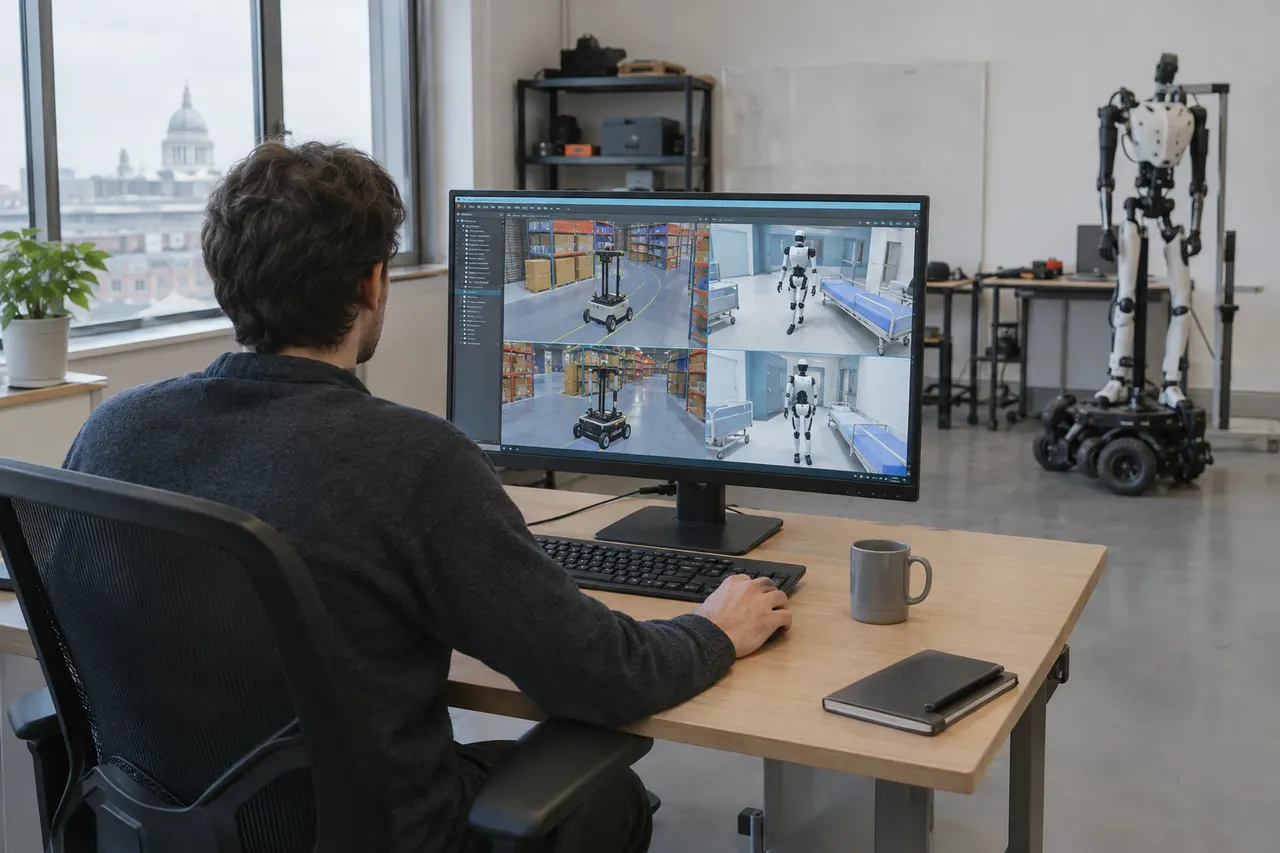 Man at desk reviews humanoid robot simulations on monitor; full-size robot stands in background of tech workspace.
