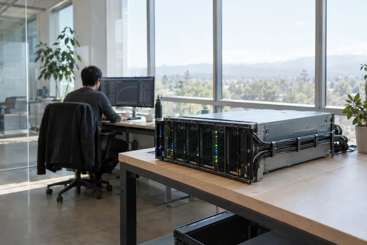 Person working at a computer in a modern office; large server hardware sits on a nearby table by the window.