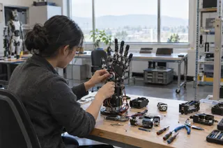 Woman assembling a robotic hand at a workbench, surrounded by electronic components in a sunlit lab with large windows.