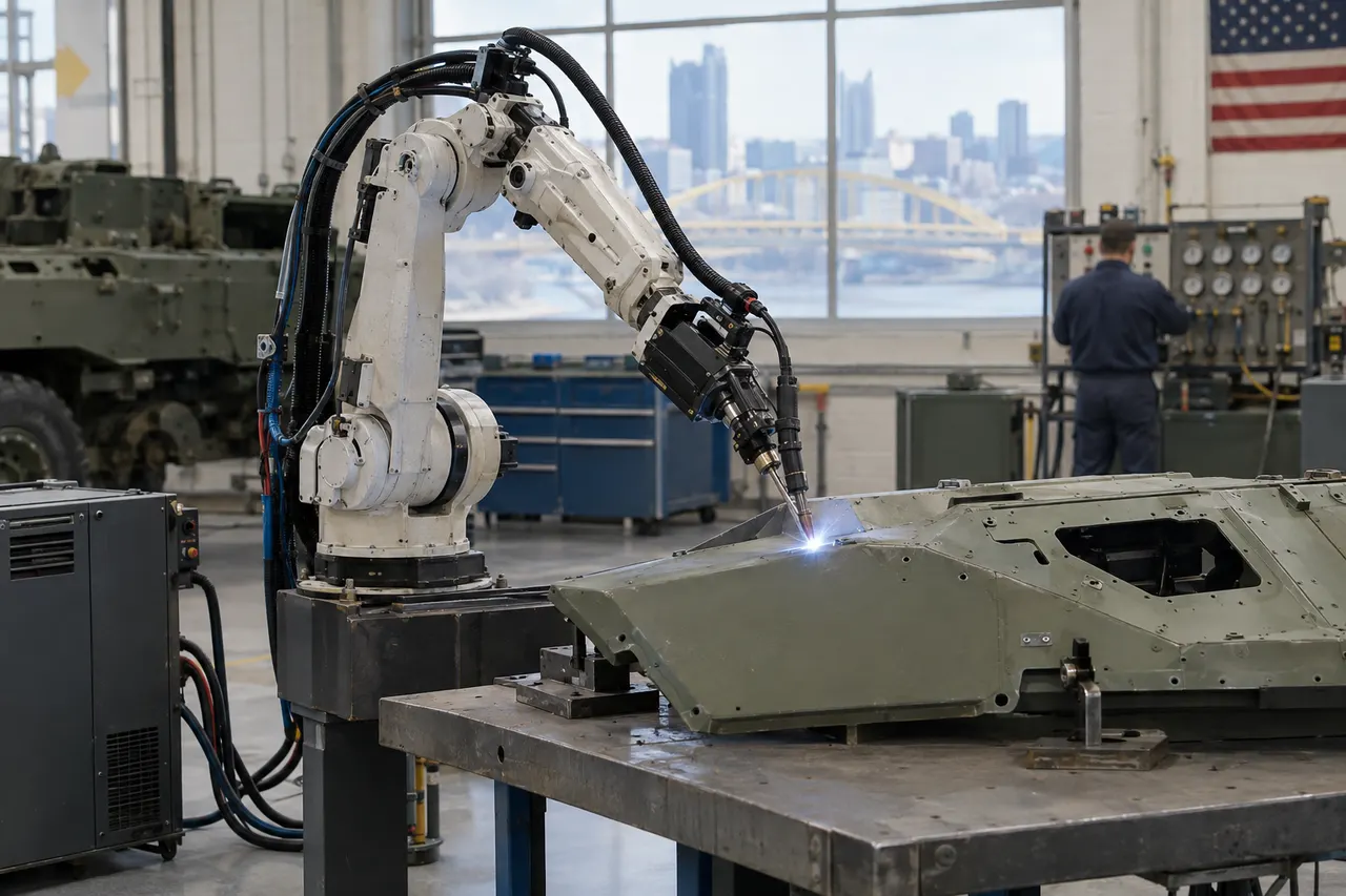 Industrial robotic arm welds military vehicle part in workshop; technician works nearby, Pittsburgh skyline visible through windows.