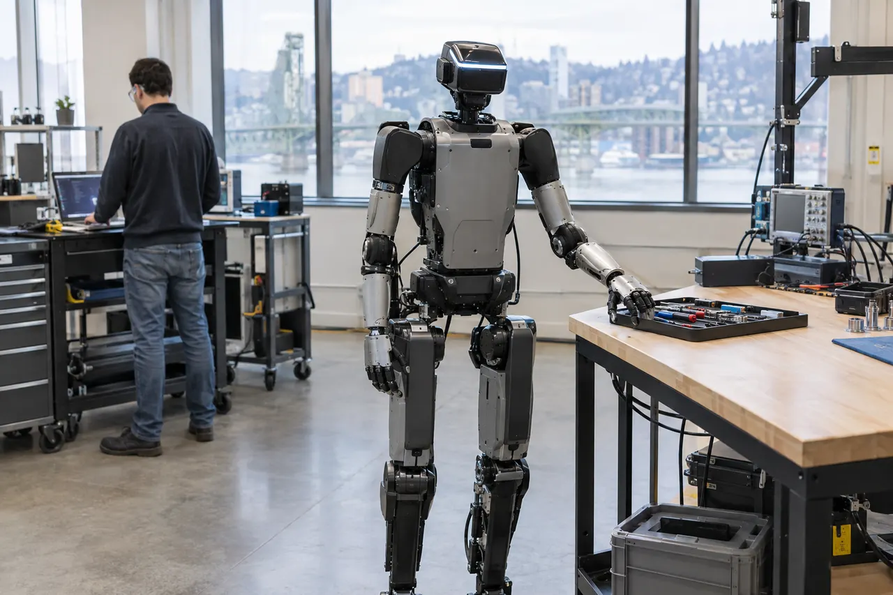 Humanoid robot stands beside a workbench in a lab, with a person working at a nearby workstation in the background.