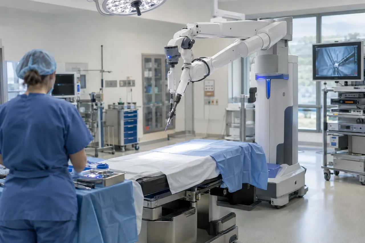 Surgical robot with articulated arms positioned over an operating table as a medical professional prepares nearby in a modern OR.