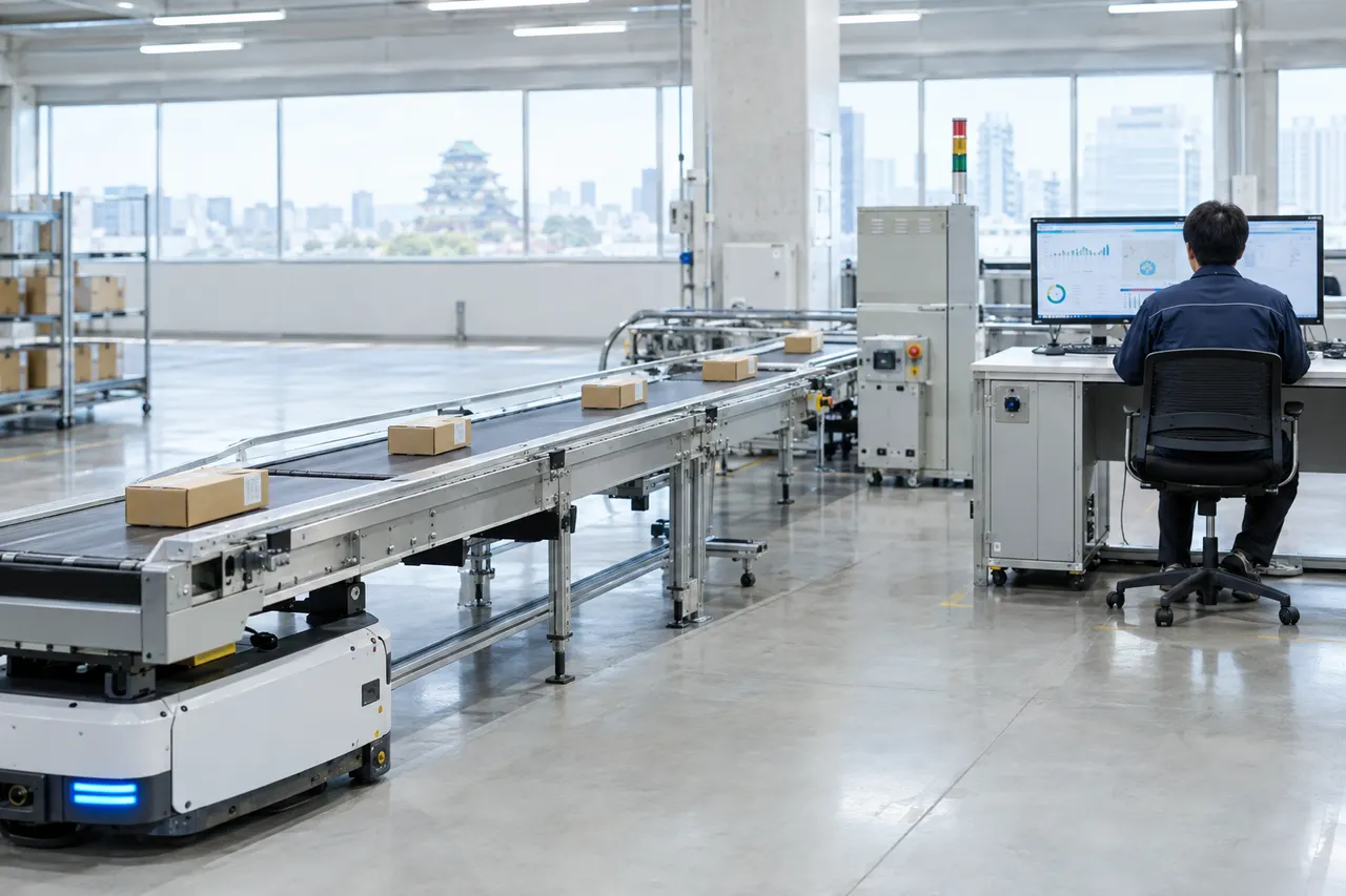 Worker monitors conveyor belts and package movement on computer screens in a modern, automated warehouse facility.