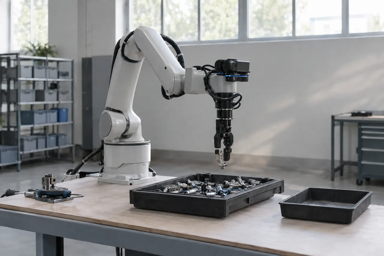 Industrial robotic arm sorting metal parts on a workbench in a bright, modern factory setting.