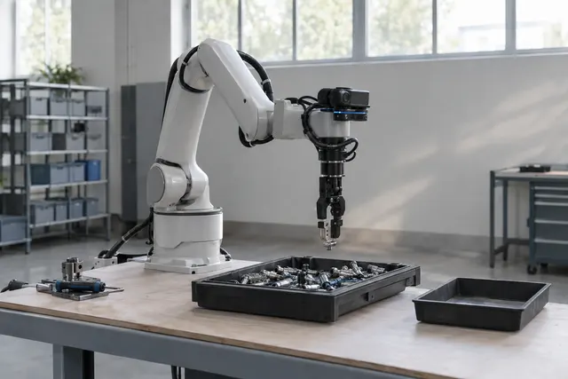 Industrial robotic arm sorting metal parts on a workbench in a bright, modern factory setting.
