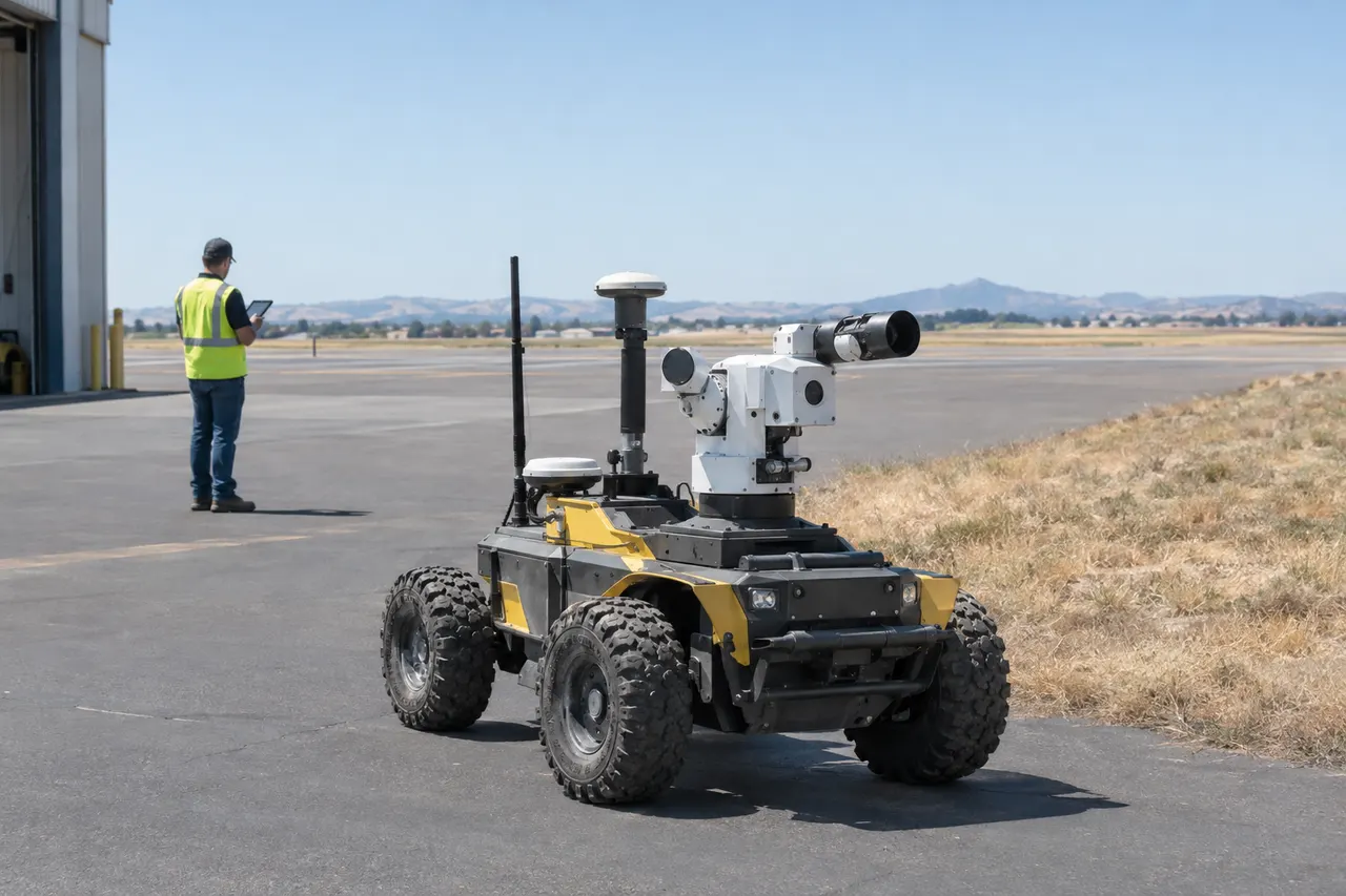 Wheeled firefighting robot with mounted equipment on airport tarmac, operator in safety vest standing in the background.