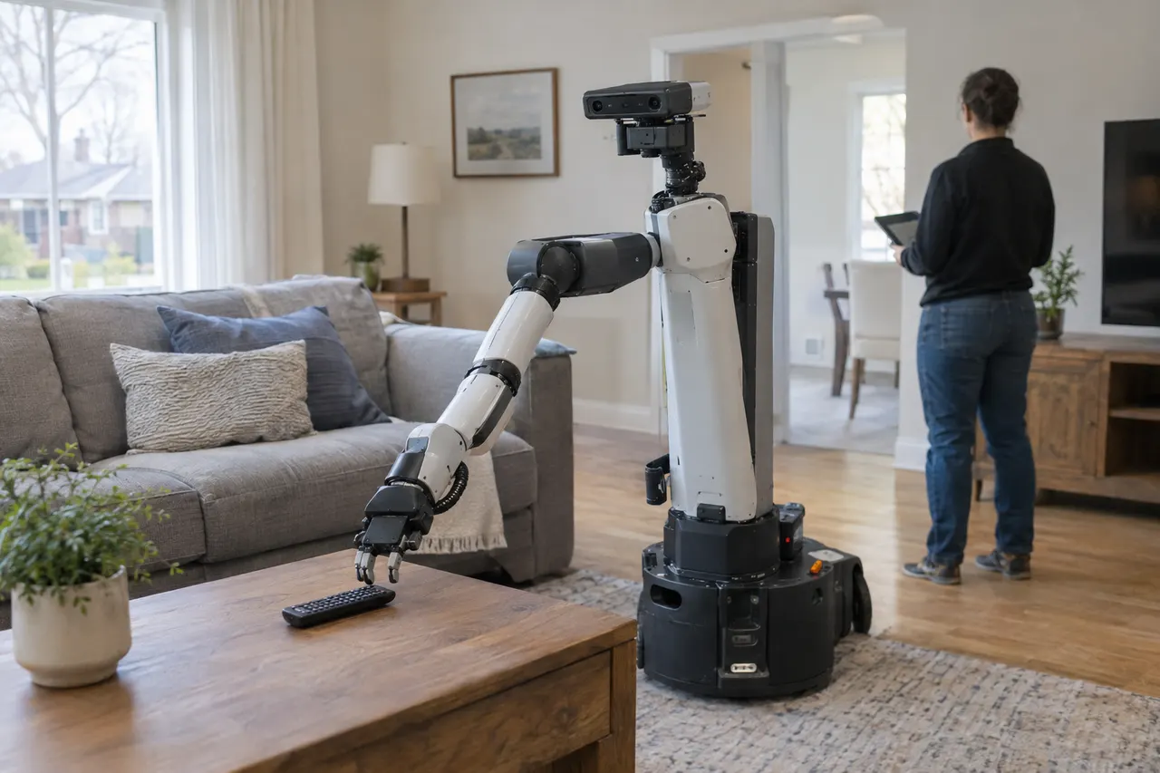 Robotic assistant with articulated arm reaches for TV remote in a living room as a person stands nearby holding a tablet.