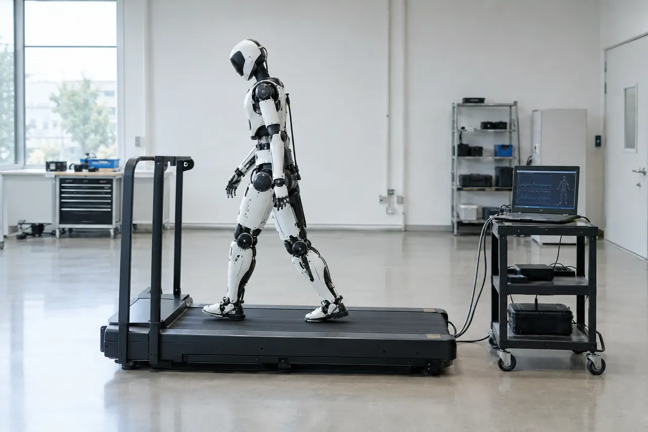 Humanoid robot walking on a treadmill in a lab, connected by cables to a laptop displaying data.