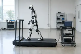 Humanoid robot walking on a treadmill in a lab, connected by cables to a laptop displaying data.
