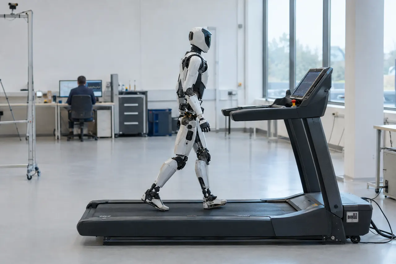 Humanoid robot walking on a treadmill in a spacious lab while a person works at a desk in the background.