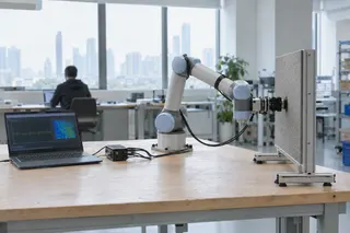 Robotic arm touches a sensor panel on a lab table, connected to a laptop displaying data graphs; cityscape visible outside.
