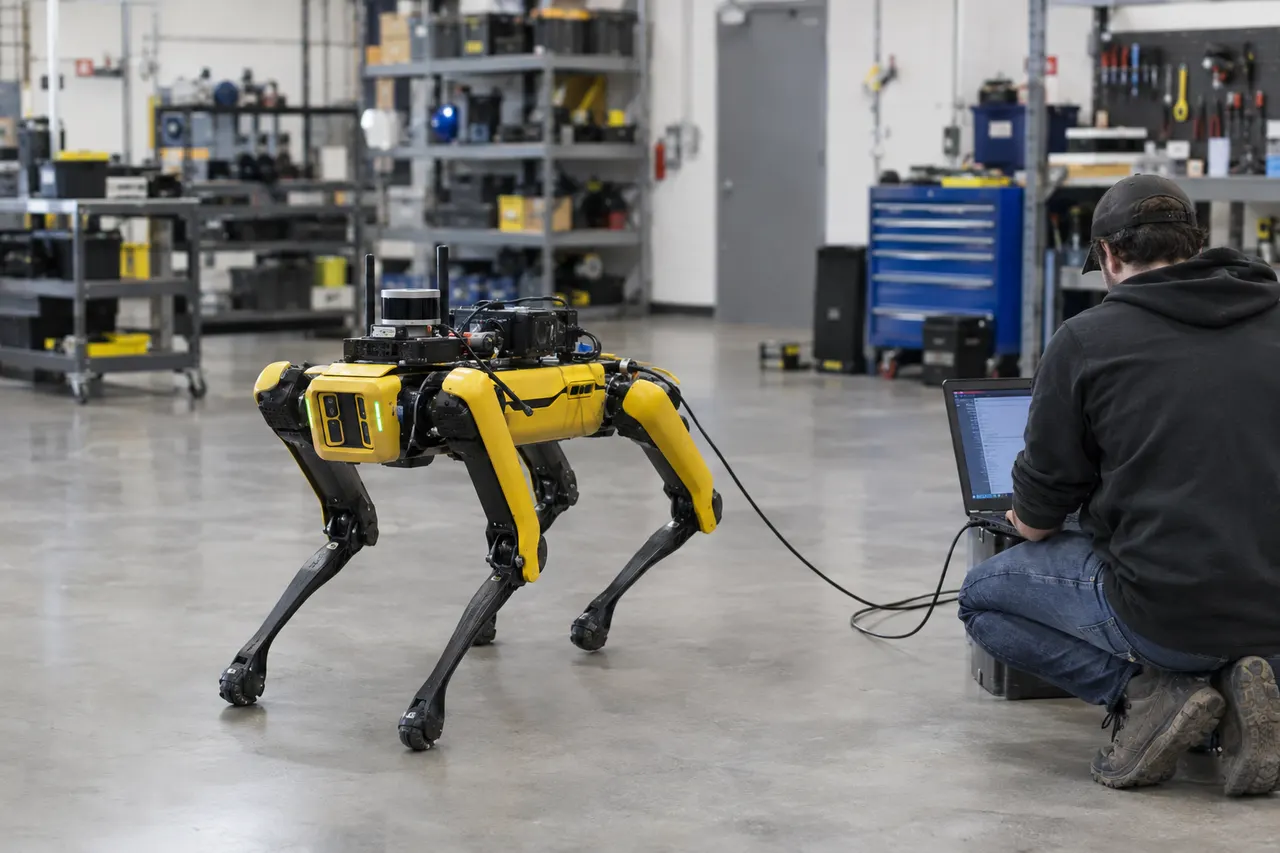 Engineer connects a laptop to Boston Dynamics’ yellow robot dog Spot inside an industrial workshop filled with tools and equipment.