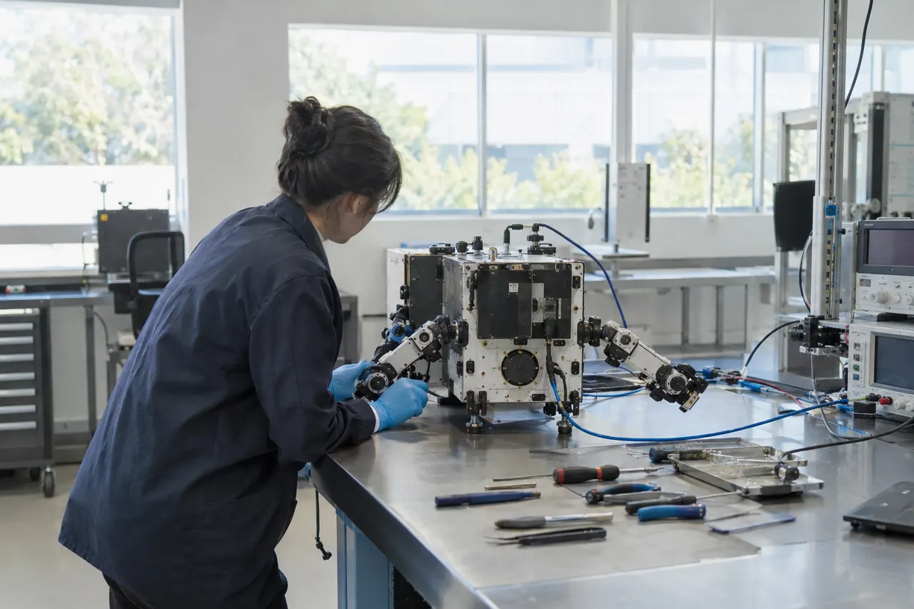 Engineer in a lab coat examines a boxy, robotic device with mechanical arms on a stainless steel workbench.