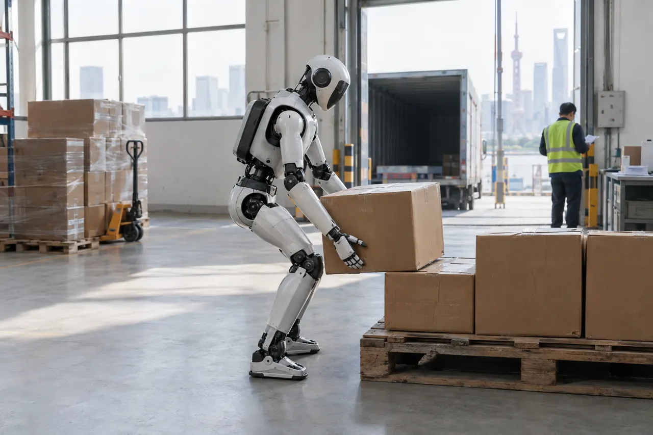 Humanoid robot lifts a cardboard box onto a pallet inside a warehouse as a worker stands near an open loading dock.