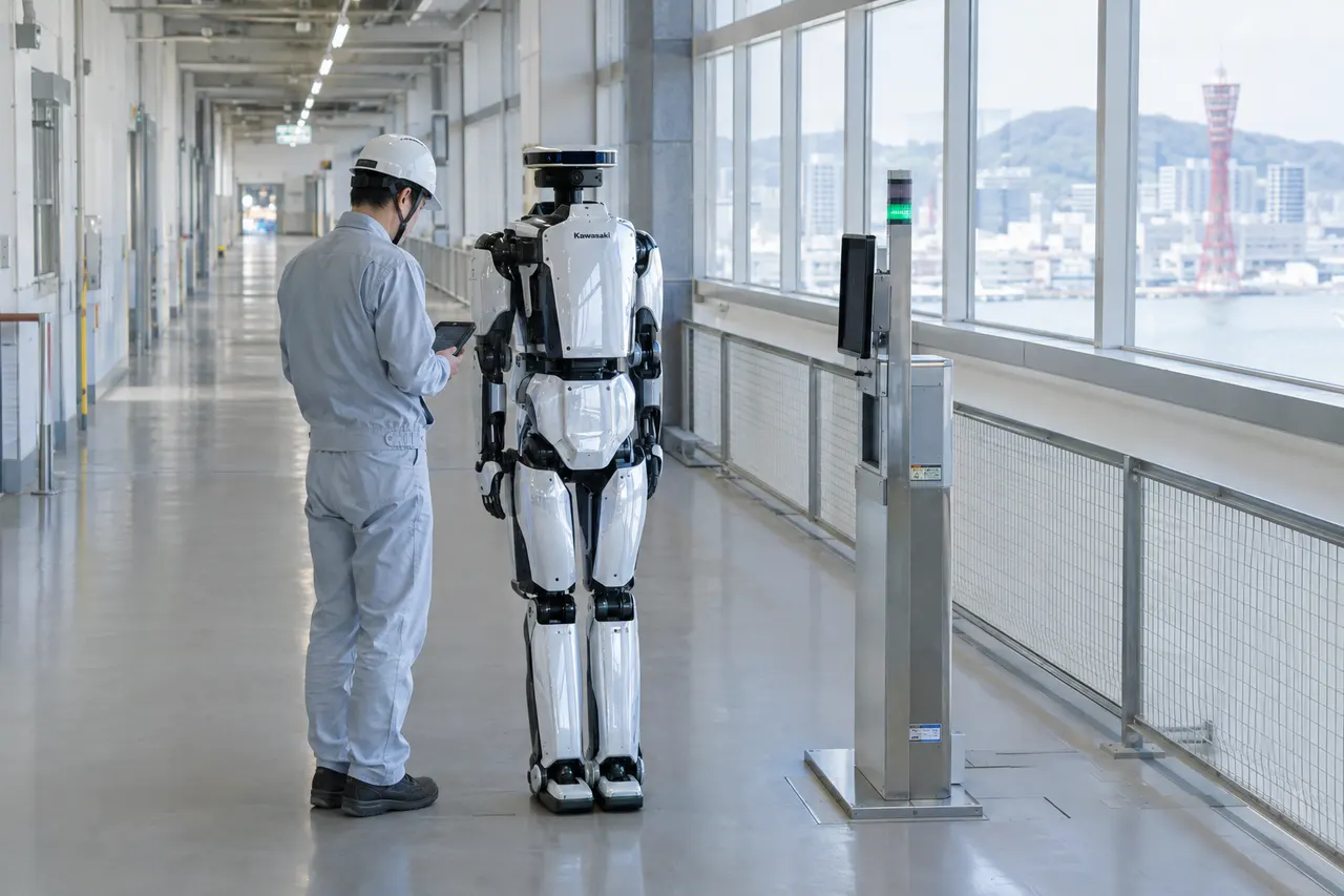 Engineer in a light gray uniform examines a futuristic humanoid robot standing near a security scanner in a bright industrial hallway.