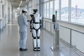 Engineer in a light gray uniform examines a futuristic humanoid robot standing near a security scanner in a bright industrial hallway.