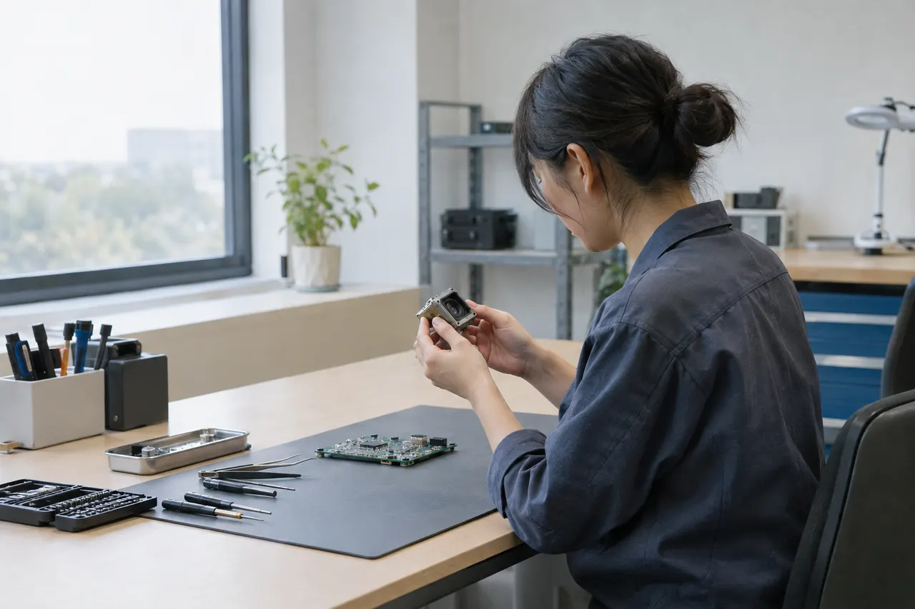 Engineer examines electronic component at desk with circuit board, tools, and natural light from large window in modern office.