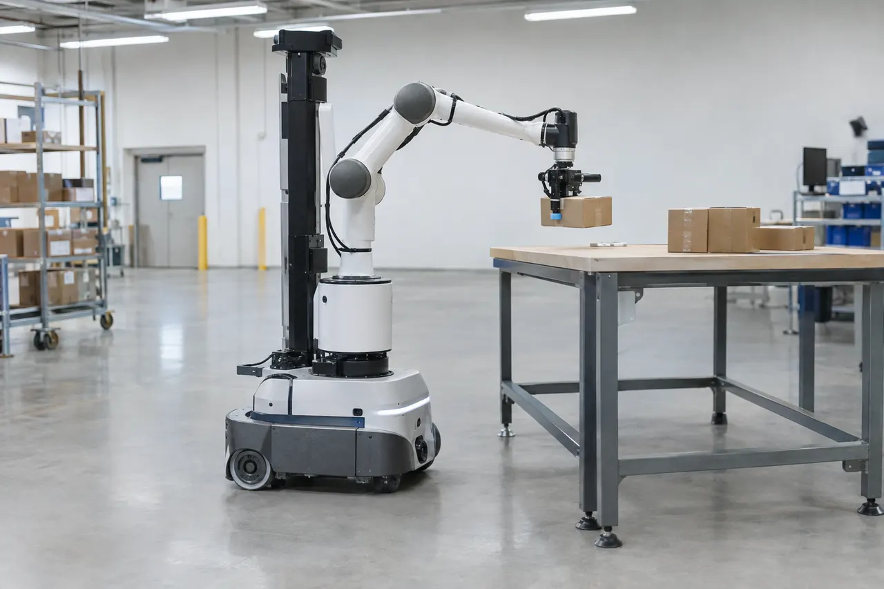 Robotic arm places cardboard boxes on a table in a spacious warehouse with shelves and bright overhead lights.