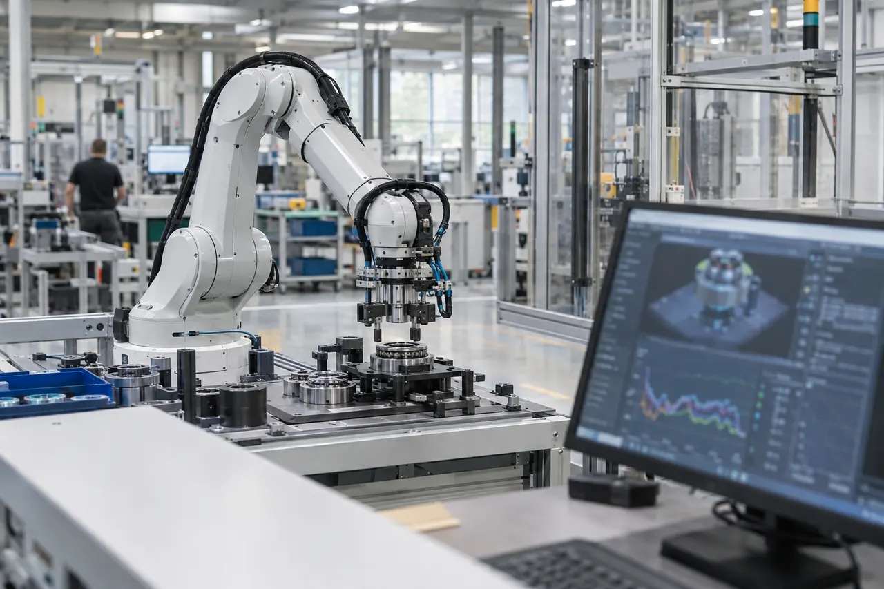 Industrial robot arm operates on machinery in a factory while nearby computer displays data and simulation graphs.