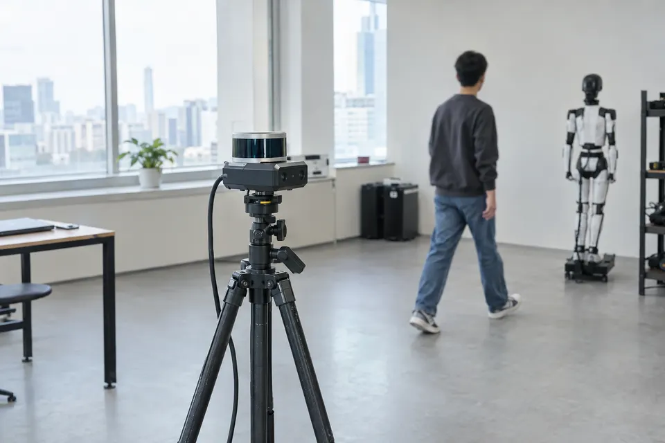 A Lidar motion capture device on a tripod records a person walking toward a humanoid robot in a modern studio.