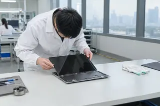 Technician in a lab coat installs a display panel onto a MacBook Pro chassis at a workstation near large windows.