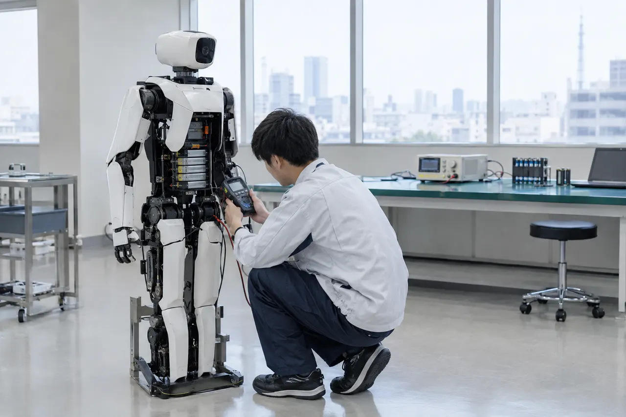 Engineer kneeling to test a humanoid robot's battery systems in a modern lab with cityscape visible through large windows.