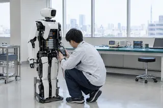 Engineer kneeling to test a humanoid robot's battery systems in a modern lab with cityscape visible through large windows.