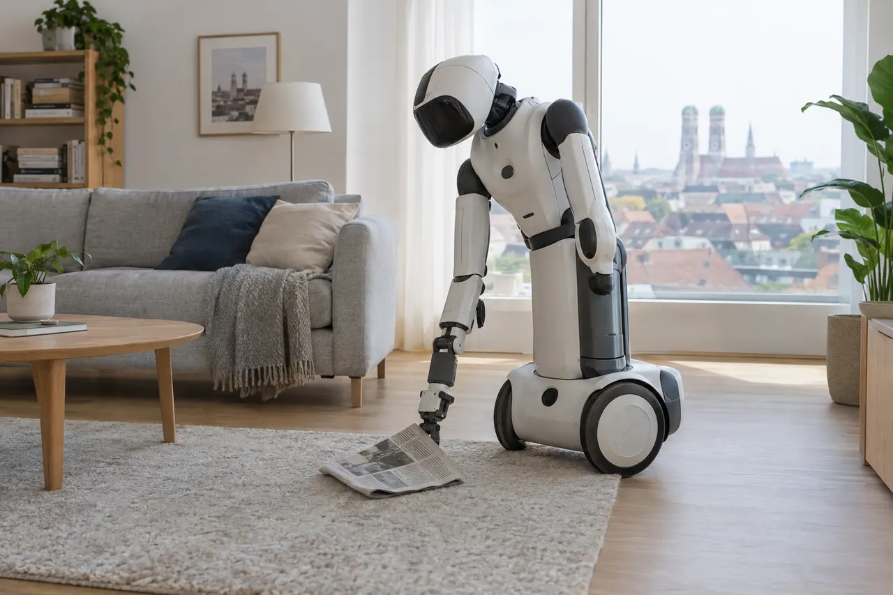White, humanoid robot on wheels picks up a newspaper in a bright, modern living room with cityscape visible through windows.