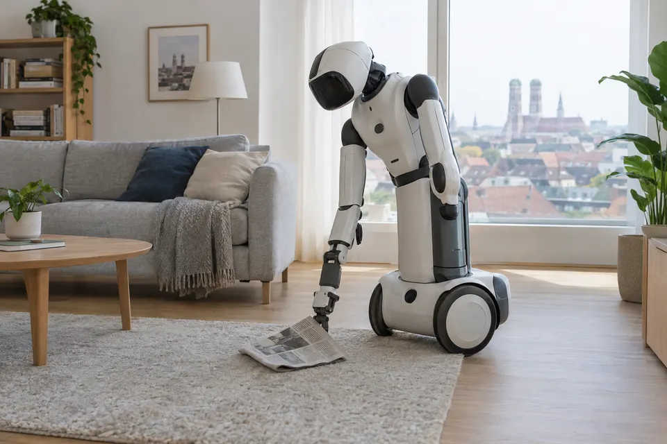 White, humanoid robot on wheels picks up a newspaper in a bright, modern living room with cityscape visible through windows.