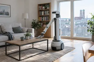 Wheeled white robot with an extended arm picks up a magazine from a coffee table in a sunlit modern living room.