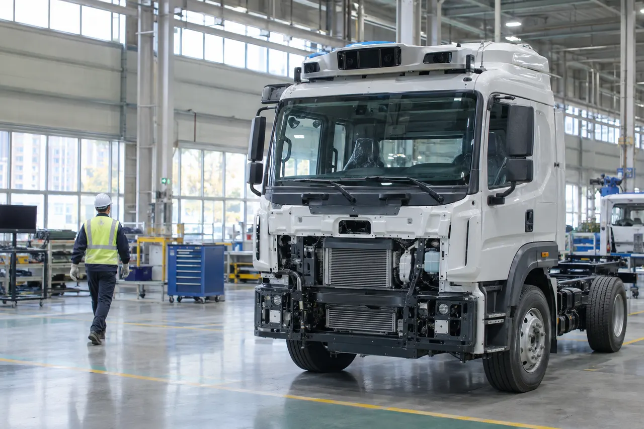 Partially assembled self-driving truck in a spacious, well-lit factory as a worker in a safety vest walks nearby.