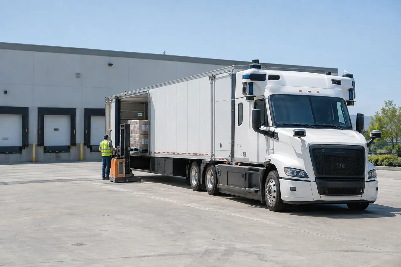 Autonomous semi-truck being loaded with pallets outside a warehouse, worker using a pallet jack nearby.