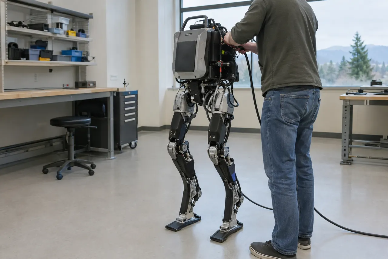 Person adjusts a humanoid robot with mechanical legs in a bright lab workspace, large window and workstations in background.