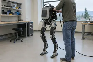 Person adjusts a humanoid robot with mechanical legs in a bright lab workspace, large window and workstations in background.