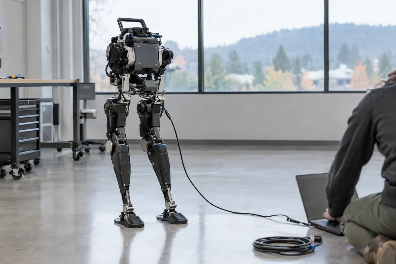 Bipedal research robot connected to a laptop by cable, standing in a bright, modern lab with large windows.
