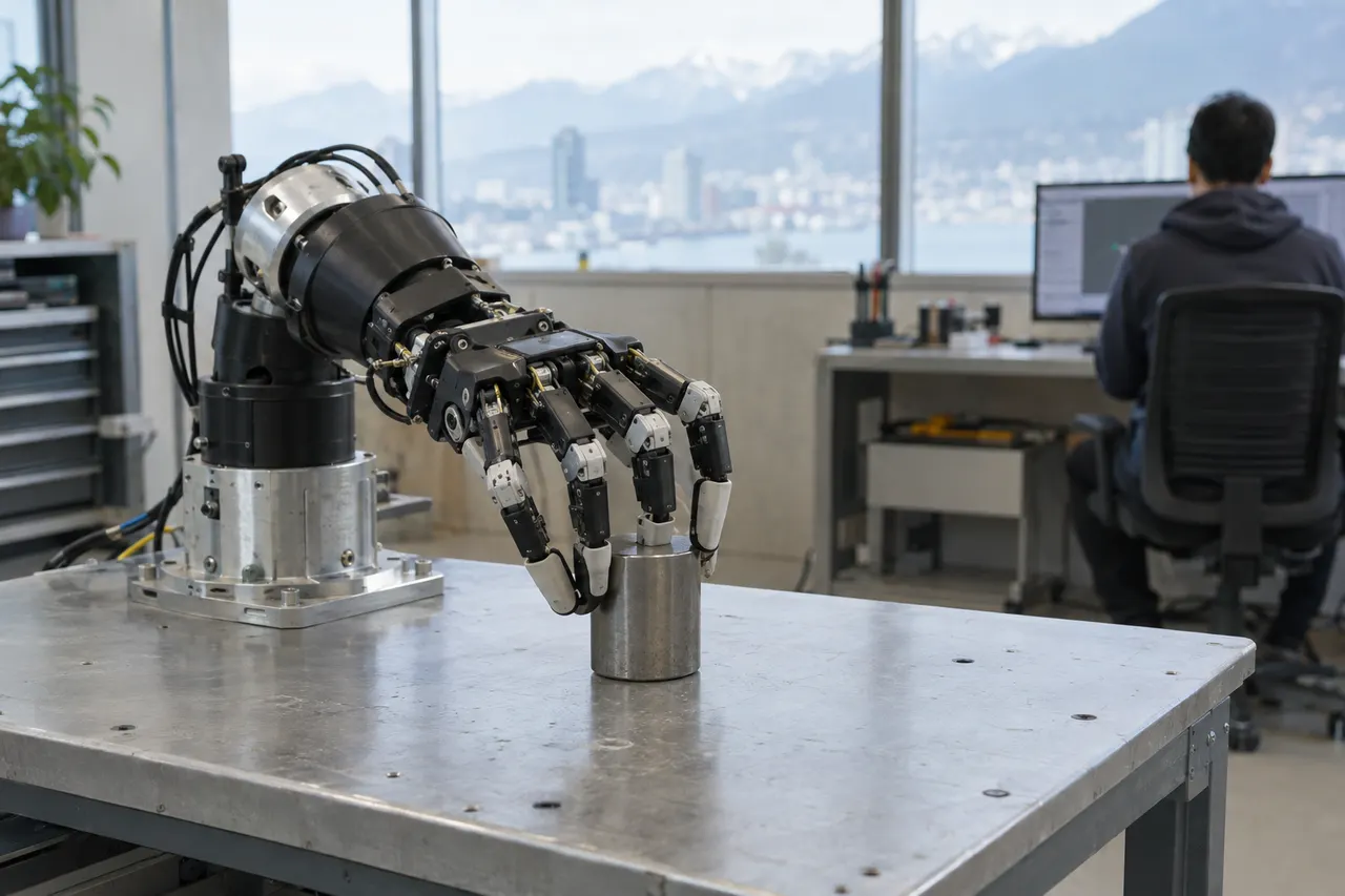Robotic hand grasps metal cylinder on lab table; person works at computer in background with city and mountains visible.