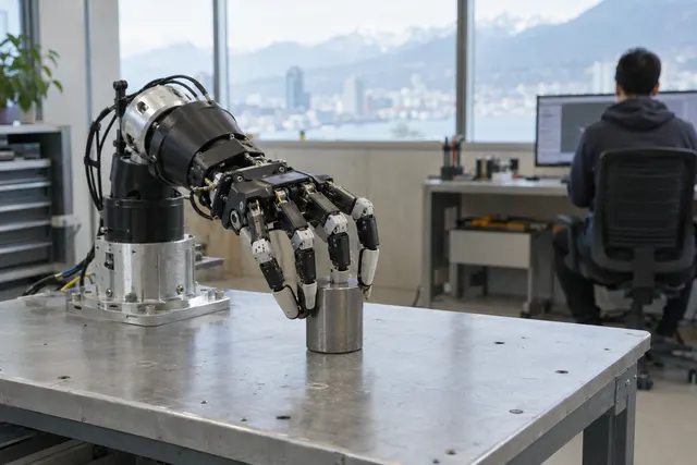 Robotic hand grasps metal cylinder on lab table; person works at computer in background with city and mountains visible.