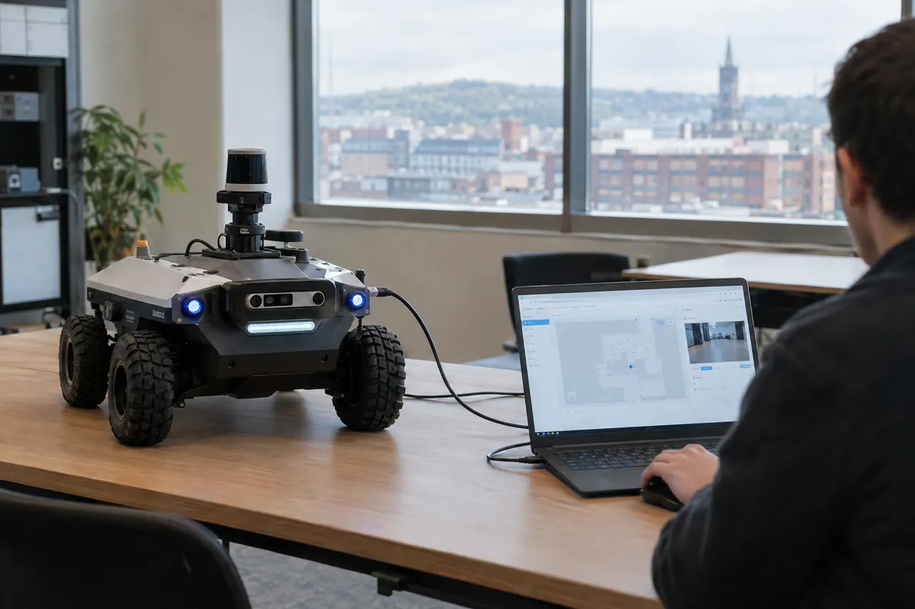 Person uses a laptop to program a wheeled robot in a modern office with large windows overlooking a cityscape.