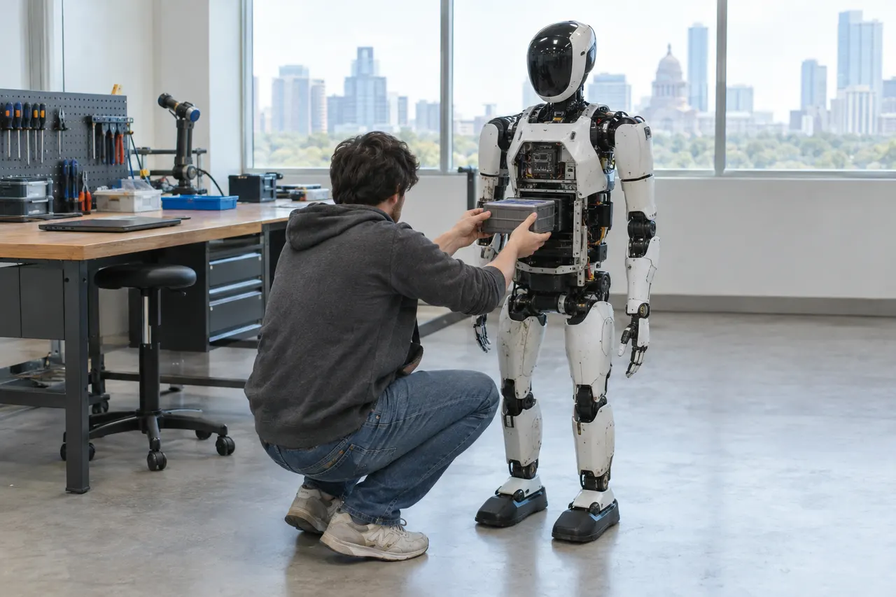 Engineer kneeling to install a component in a partially open humanoid robot inside a modern workshop with city view.