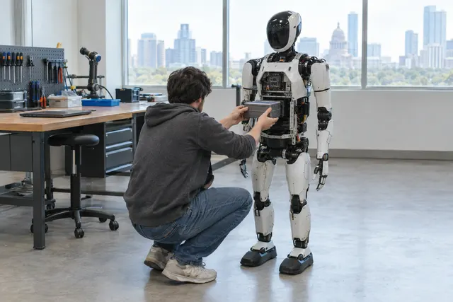 Engineer kneeling to install a component in a partially open humanoid robot inside a modern workshop with city view.