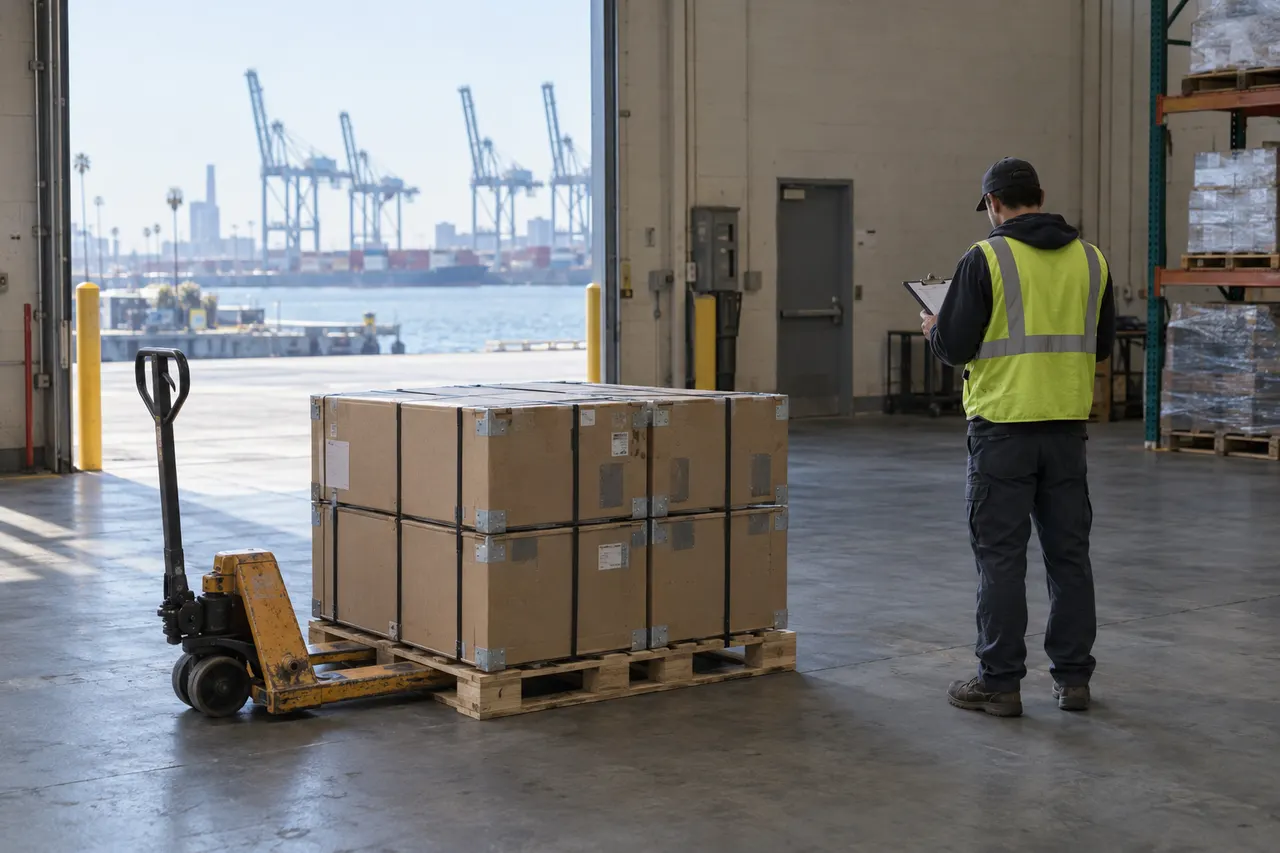 Warehouse worker in safety vest checks clipboard beside pallet of sealed boxes on a hand truck; port cranes visible outside.