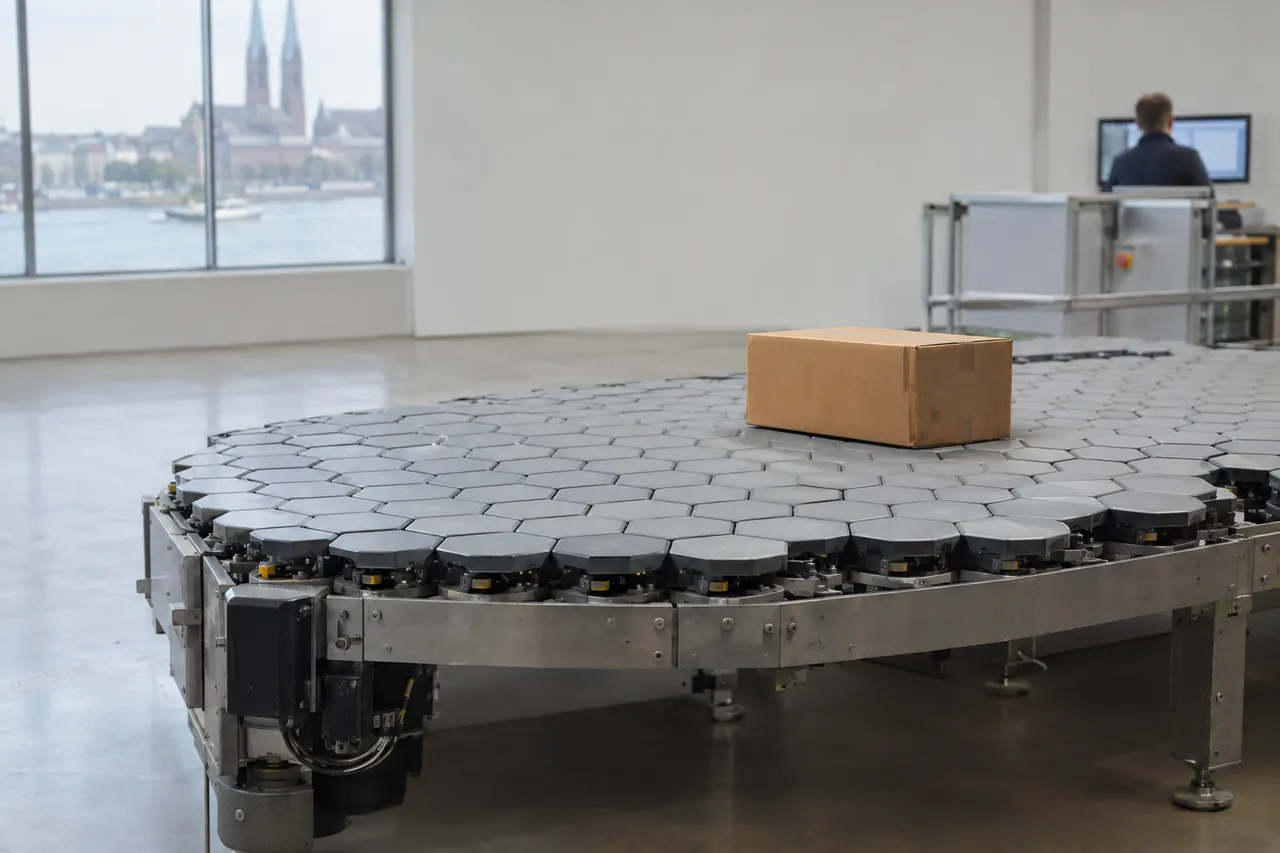 Cardboard box sits on a hexagonal-tiled robotic conveyor in a modern warehouse near large windows with city view.