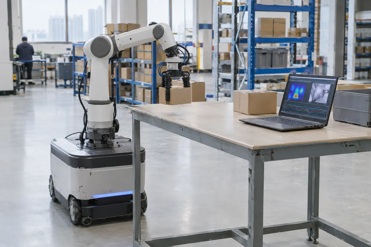 Robotic arm on a mobile base moves a box in a warehouse near a table with a laptop displaying sensor data and images.
