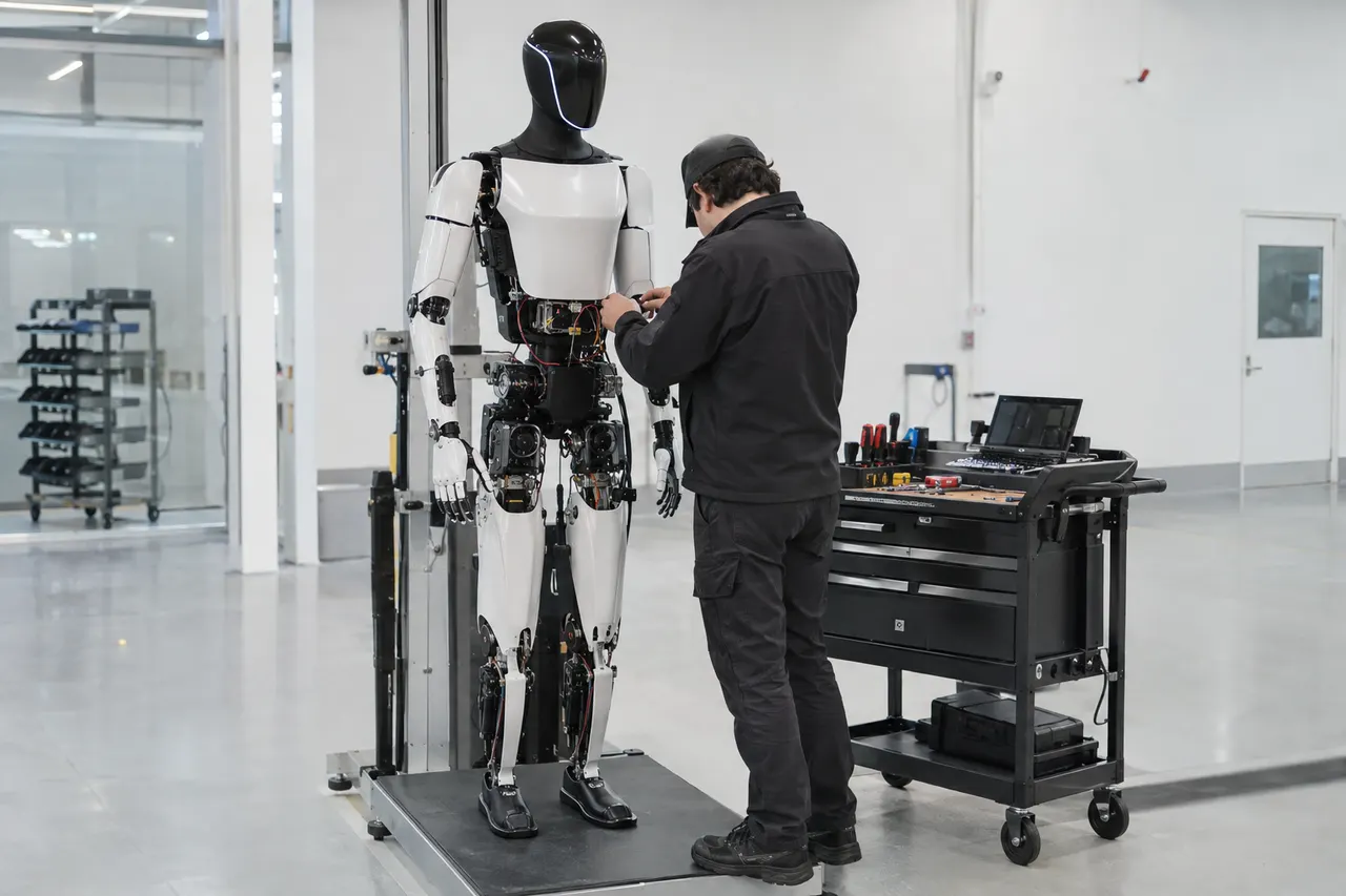 Technician works on a standing humanoid robot in a bright, modern lab with a tool cart nearby.
