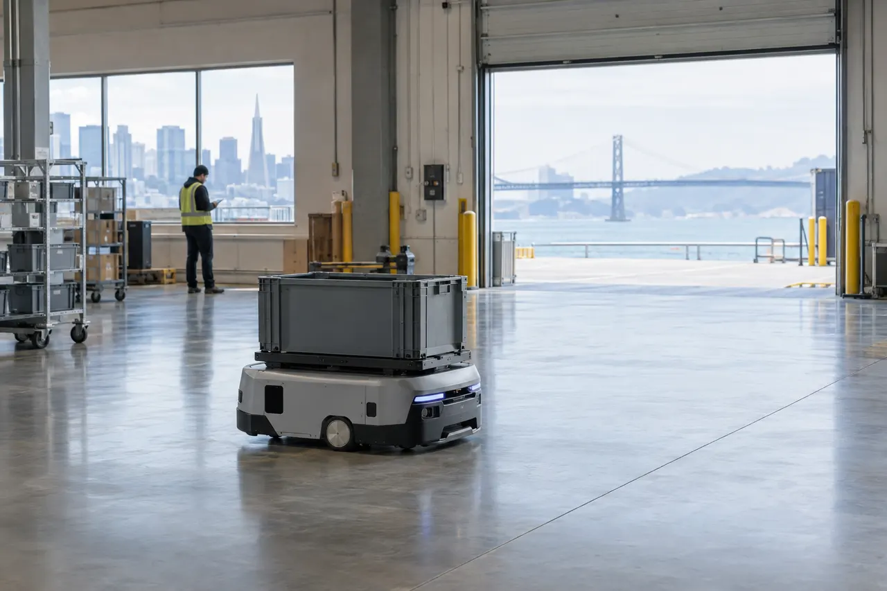 Autonomous warehouse robot transporting a bin across a spacious facility, with city skyline and bridge visible through windows.