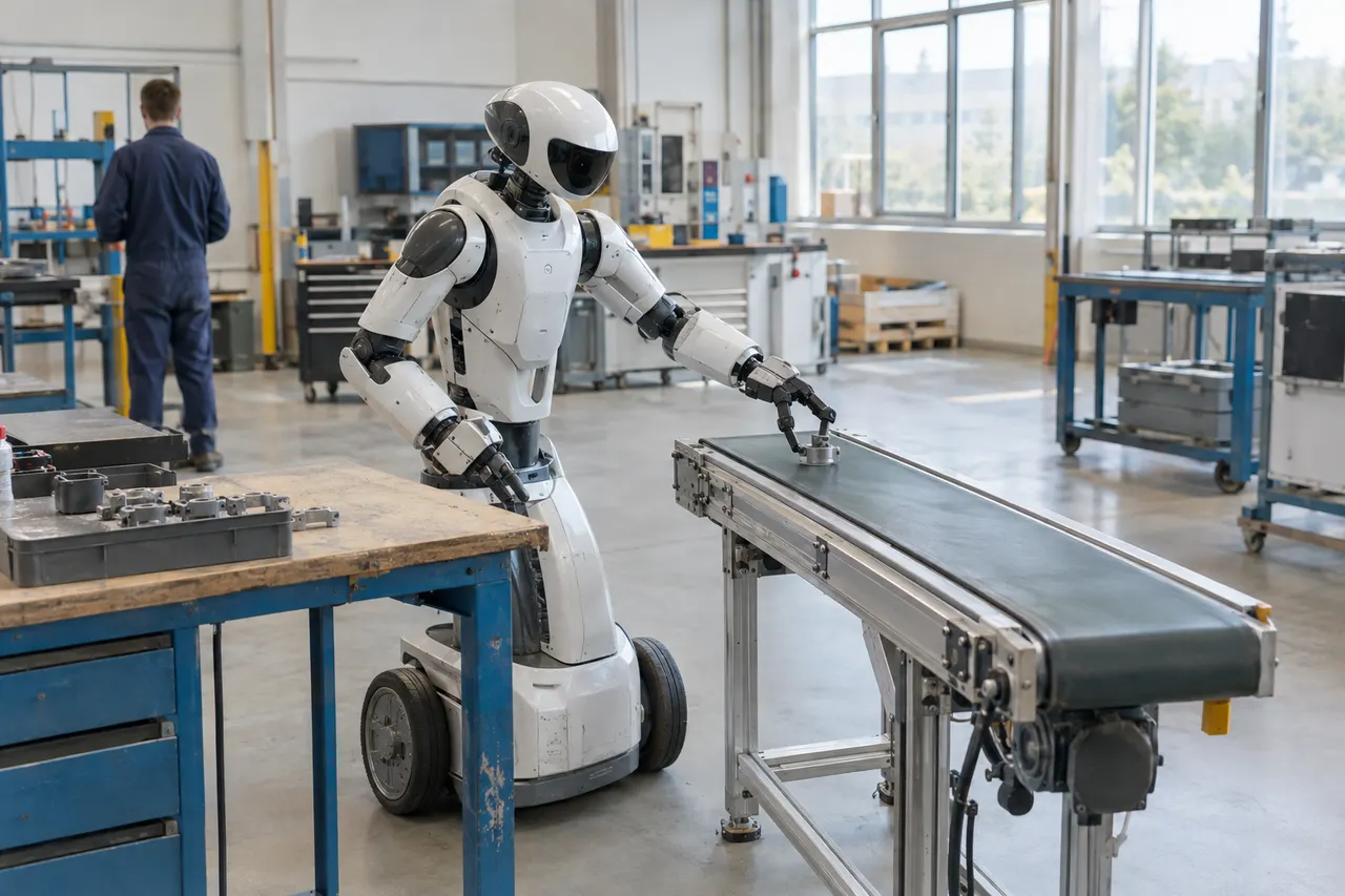 Humanoid robot working at a conveyor belt in a bright, modern industrial workshop with equipment and people in the background.